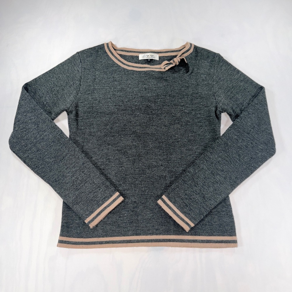 Daisy Eye Sweater Women M Gray Pink Tan Bow Neck Wool Blend Long Sleeve Pullover